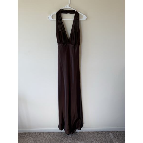 VNTG Betsey And Adam Sheer Halter Chocolate Brown Gown Size 16 - Picture 1 of 13